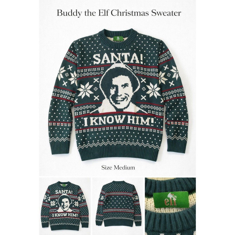 Elf Movie Buddy the Elf Santa I Know Him Green‎ Ugly Christmas Sweater Medium
